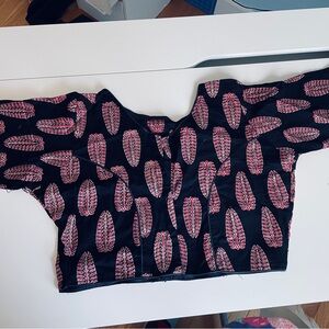 Black and Pink Boxy Crop Blouse with Mandarin Collar